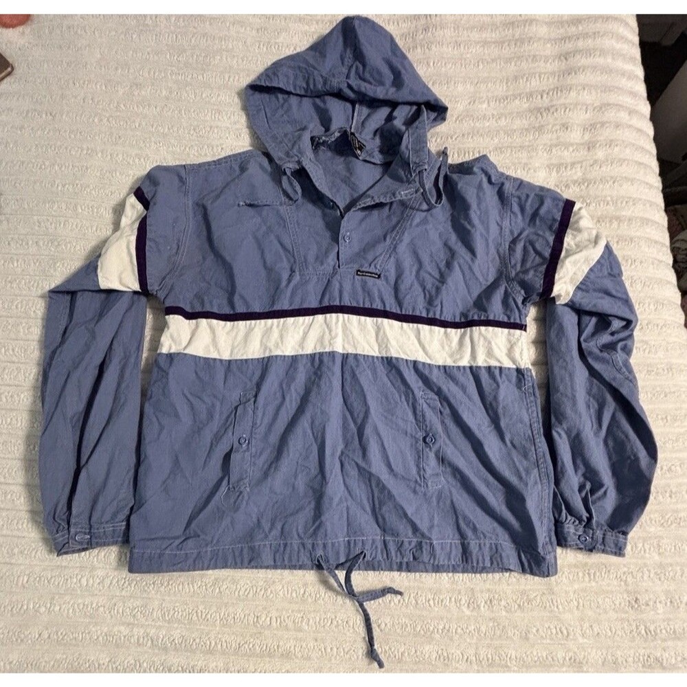 Vintage Pier Connection Windbreaker Unisex XL Blue Stripe Hooded Fishing Jacket